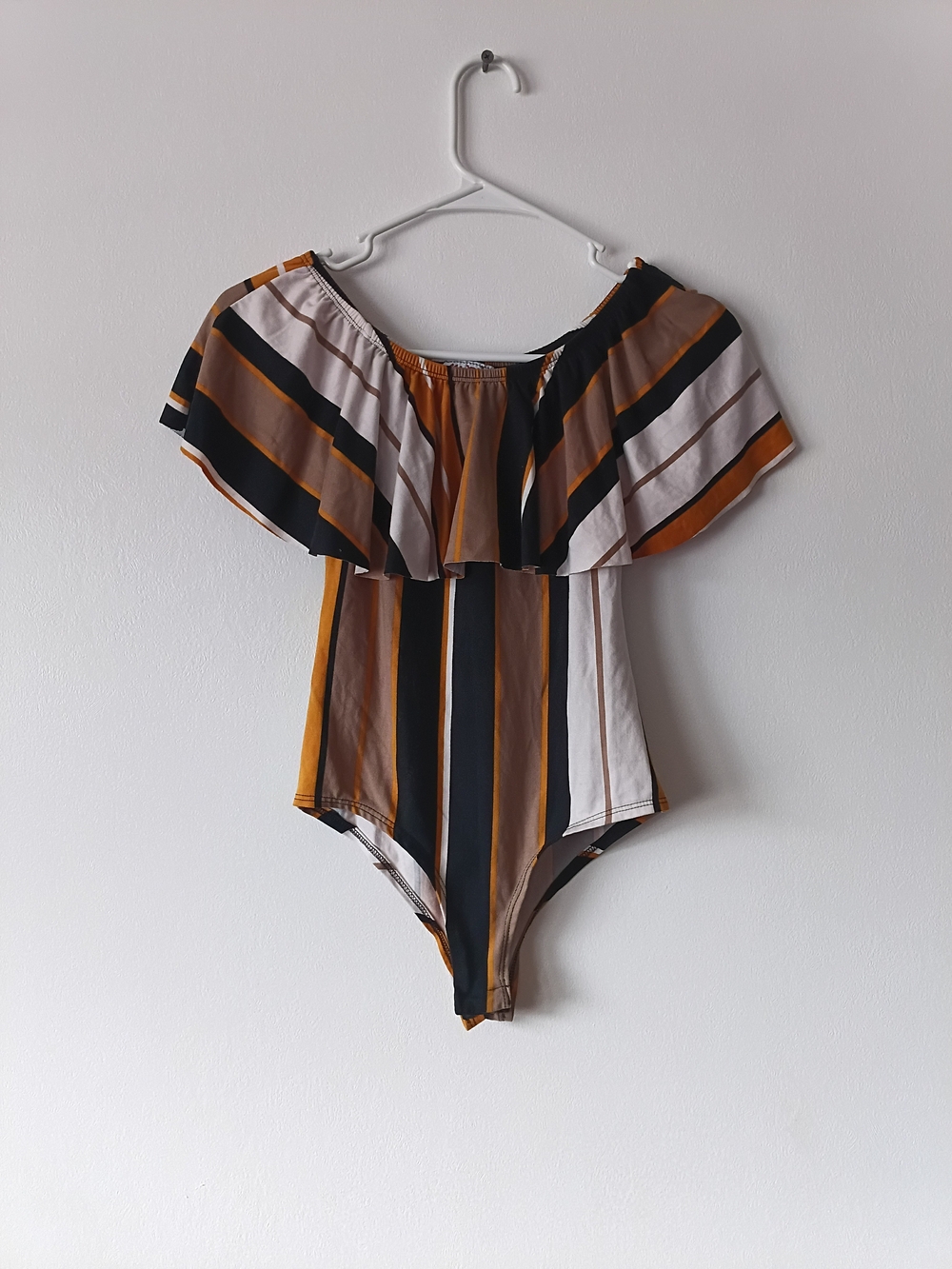 Madrag Striped Off-Shoulder Women’s Bodysuit in Mustard, Black & White S